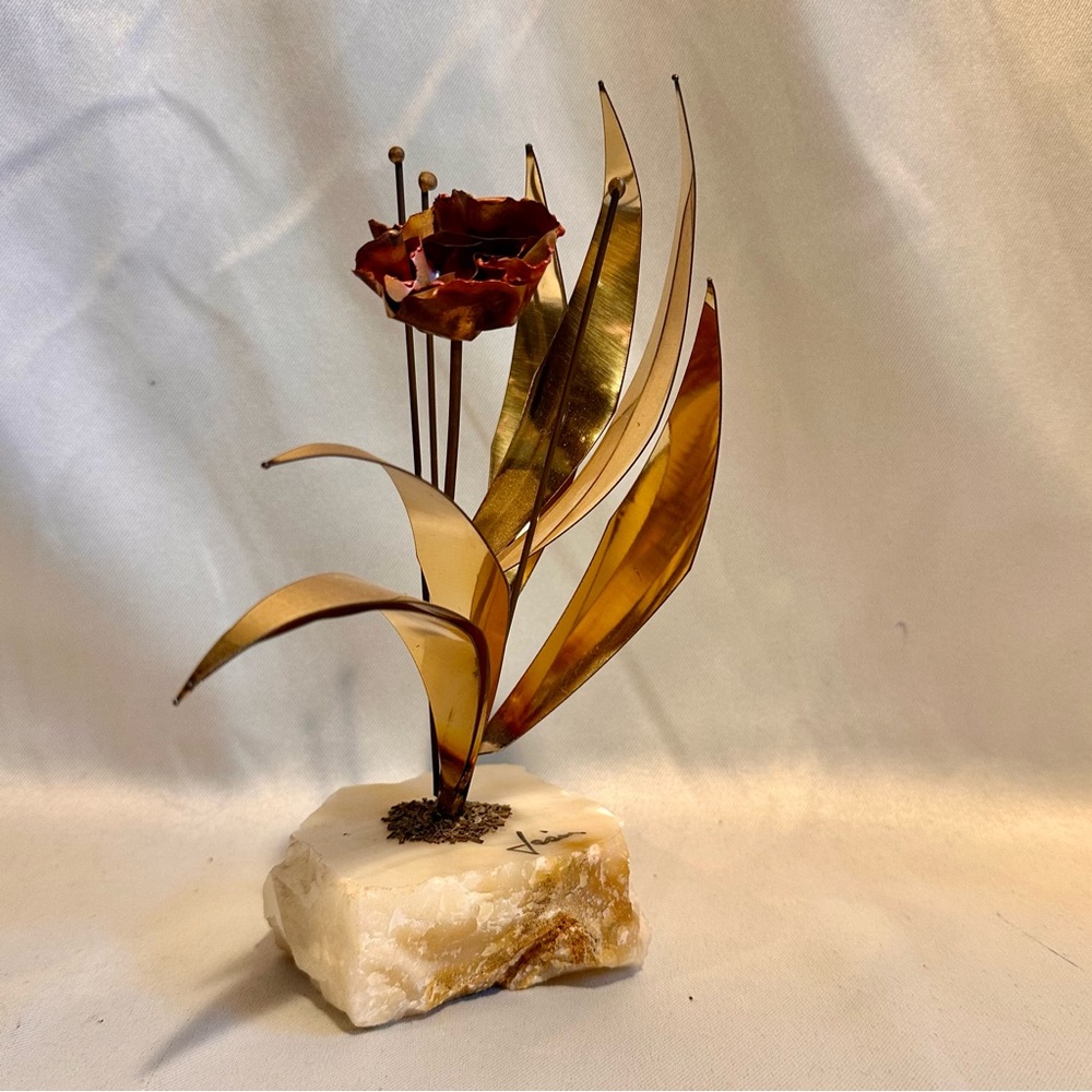 Mid-Century Copper and Brass Flower Sculpture on Stone Base